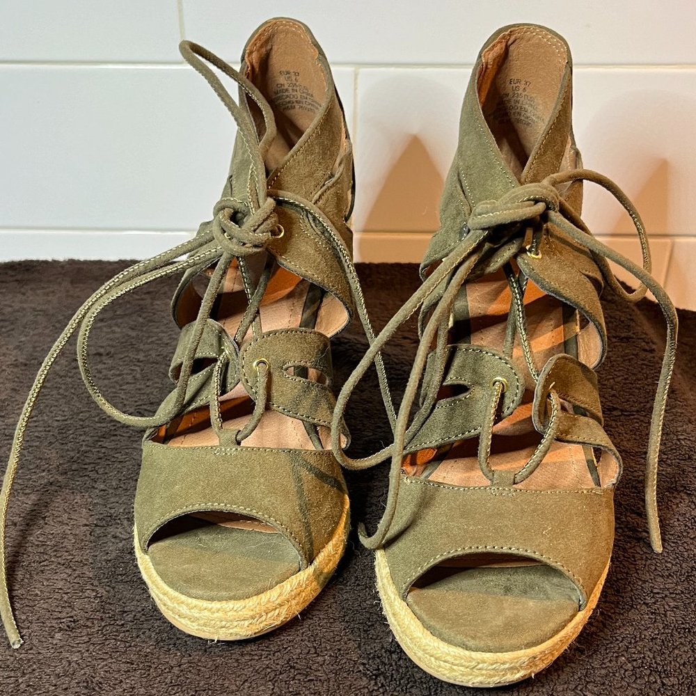 H&M Wedge-Heel Lace-Up Dark Green Sandal Women Size 6/EUR 37
